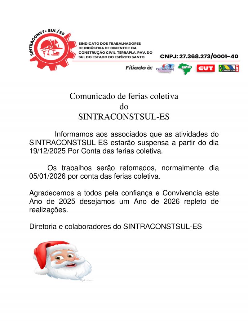 COMUNICADO FERIAS COLETIVA  SINTRACONSTSUL -ES