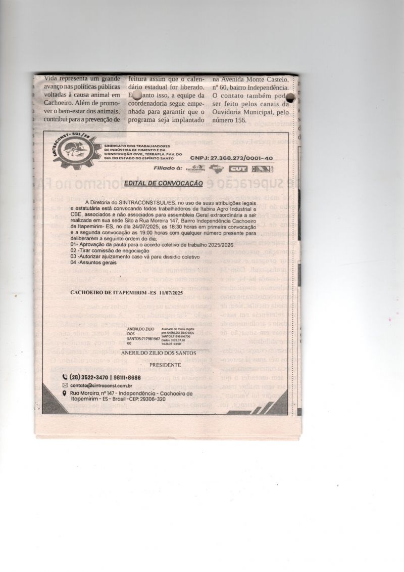 CONVOCAÇÃO PARA TIRADA DE PAUTA DA ITABIRA E CBE 24/07/2025