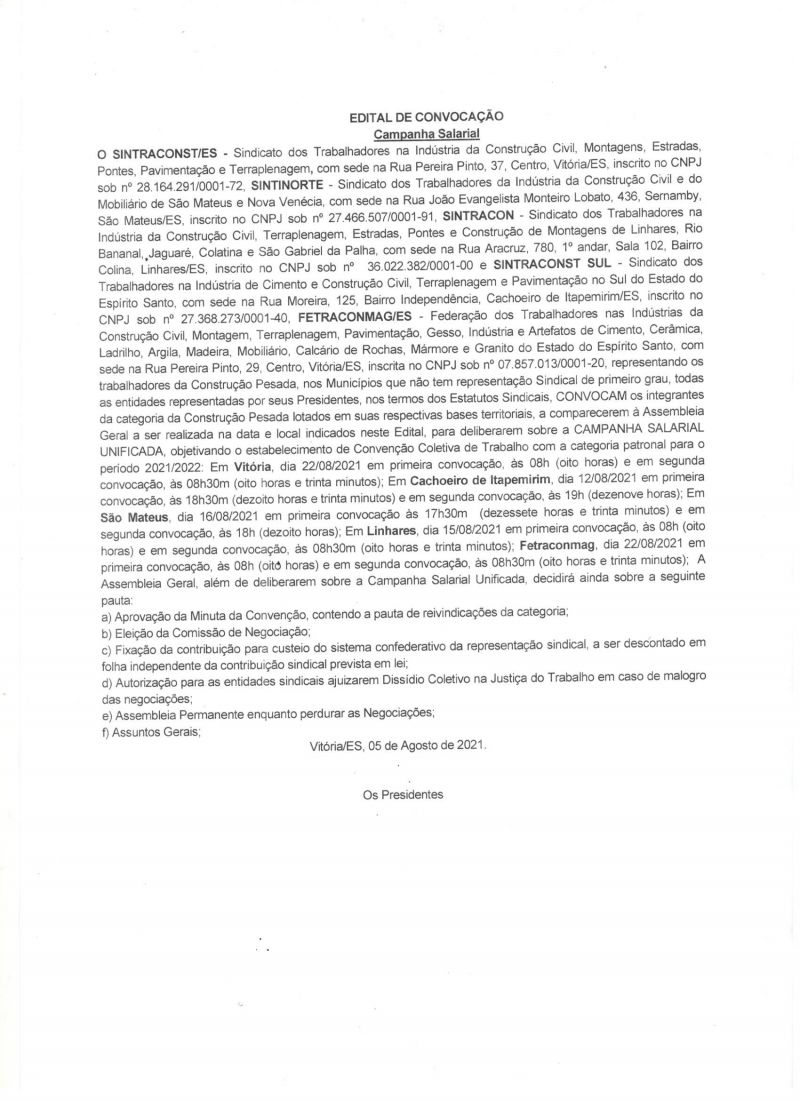 ASSEMBLÉIA CONSTRUÇÃO PESADA  NO DIA 12/08/2021